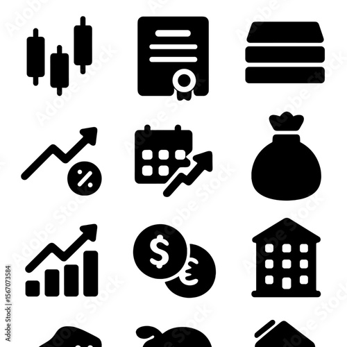 Financial Instruments Icons. Solid, filled icon set of financial instruments: stocks, bonds, ETFs, options, futures, index funds,