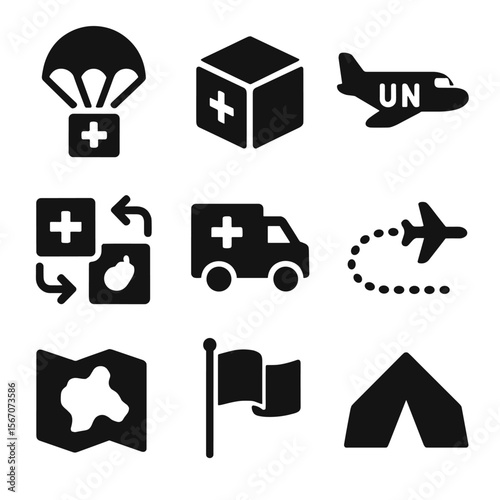 Humanitarian Air Missions Icons. Solid, filled icons set of humanitarian air missions: parachute drop, aid box