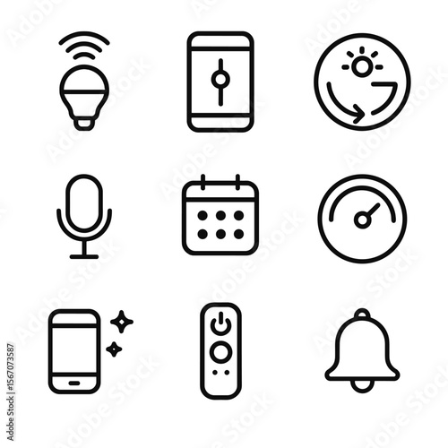 Smart Light Control Icons. Outline icon set of smart vanity light controls: smart bulb with Wi-Fi signal, mobile app screen with