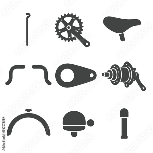 Bicycle Components Icons. Flat icon set of classic bicycle components: spoke, crankset, leather saddle, drop handlebar, chain