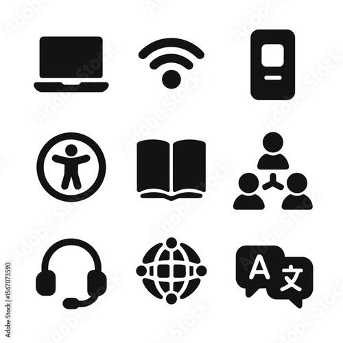 Digital Inclusion Icons. Solid, filled icon set of digital inclusion: laptop, wifi signal, mobile app, accessibility icon,