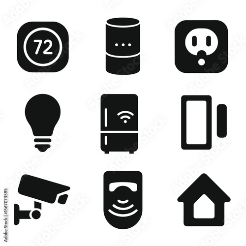Smart Home Icon Grid. Solid, filled icons set of smart home technology: smart thermostat, voice assistant,