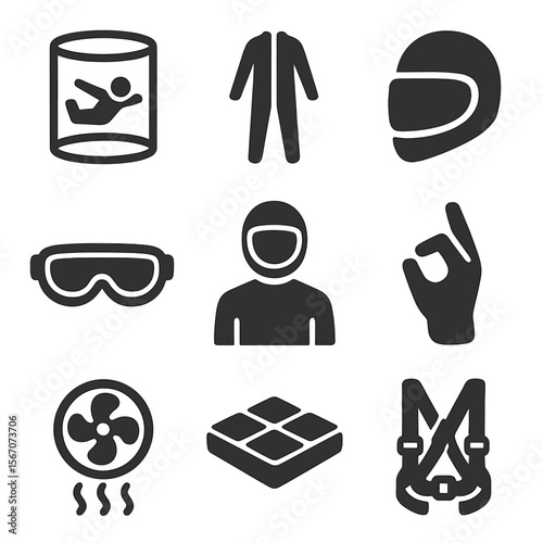 Indoor Skydiving Icons. Solid, filled icons set of indoor skydiving in specialized wind tunnels: wind tunnel