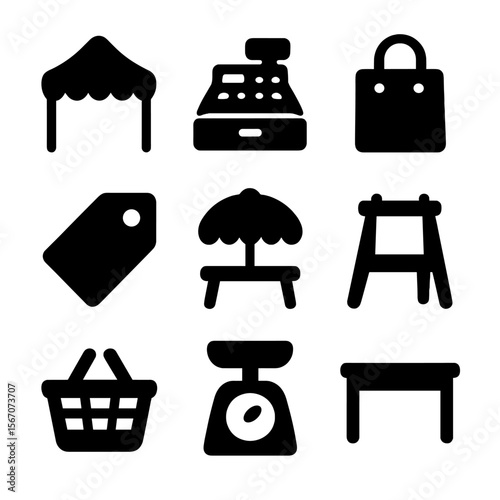 Flea Market Icons. Solid, filled icon set of flea market vendors and stalls: tent, cash register, shopping bag, price tag,