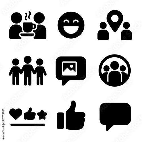 Social Interaction Icons. Solid, filled icons set of social group interactions: coffee chat icon, laughing