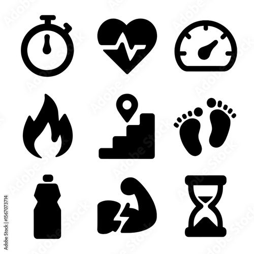 Fitness Metric Icons. Solid, filled icon set of fitness metrics in stair sprints: stopwatch, heart rate monitor, speedometer,
