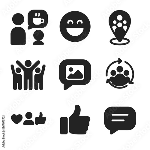 Social Interaction Icons. Solid, filled icons set of social group interactions: coffee chat icon, laughing