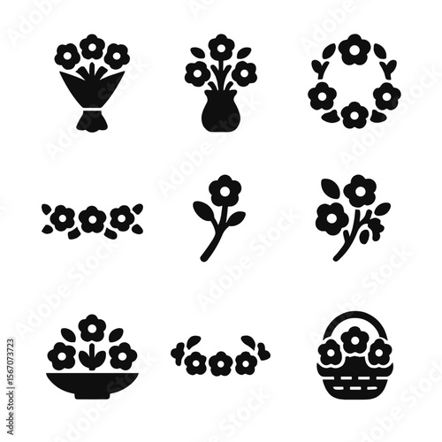 Floral Icon Array. Solid, filled icon set of flower arrangements: bouquet, vase, wreath, garland, boutonniere, corsage,