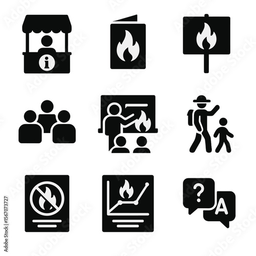 Fire Ecology Icon Set. Solid, filled icon set of educational outreach on fire ecology: info booth, pamphlet stack, fire ecology