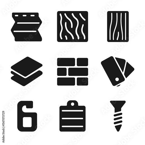 Cladding Samples Grid. Solid, filled icons set of cladding samples on board: siding panel, texture swatch,