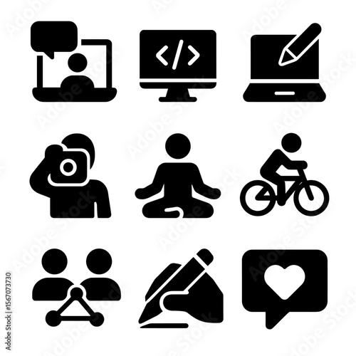 Digital Nomad Icons. Solid, filled icon set of digital nomad activities: video call, coding, blogging, photography, meditation,