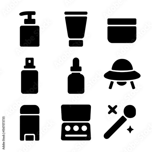 Cosmetic and TV Icons. Solid, filled icon set of cosmetic containers: pump bottle, squeeze tube, jar with lid, spray bottle,