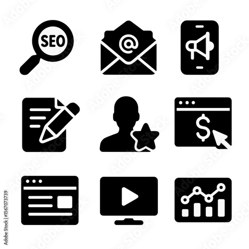 Digital Marketing Icons Grid. Solid, filled icon set of digital marketing channels: SEO, email campaign, social media ads, content