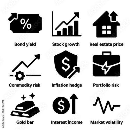 Inflation Impact Icons. Solid, filled icons set of inflation impact on investments: bond yield, stock growth,