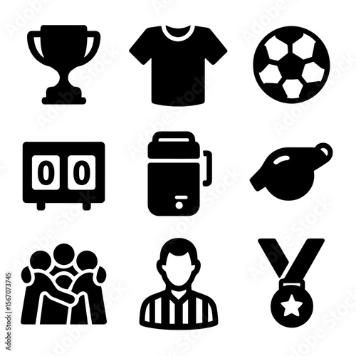 Community Sports Icons. Solid, filled icon set of community sports event: trophy, jersey, soccer ball, scoreboard, water cooler,
