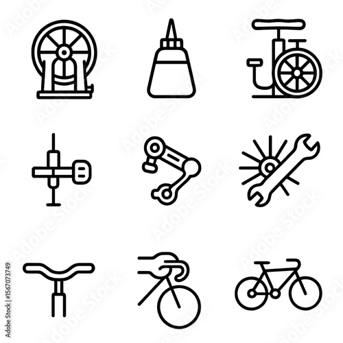 Bicycle Maintenance Icons. Outline icon set of mechanics’ bicycle tasks: wheel truing stand, chain lubrication bottle, tire