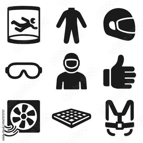 Indoor Skydiving Icons. Solid, filled icons set of indoor skydiving in specialized wind tunnels: wind tunnel