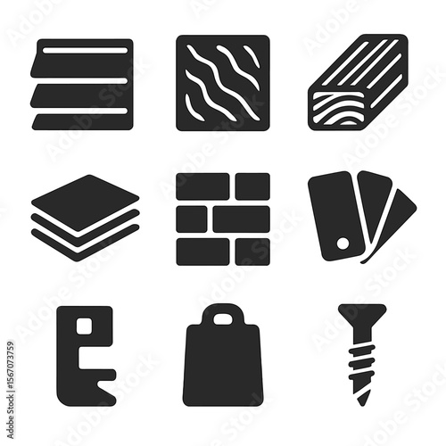 Cladding Samples Grid. Solid, filled icons set of cladding samples on board: siding panel, texture swatch,