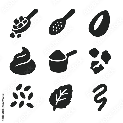 Smoothie Toppings Icons. Solid, filled icons set of smoothie toppings and add-ins: granola scoop, chia spoon,