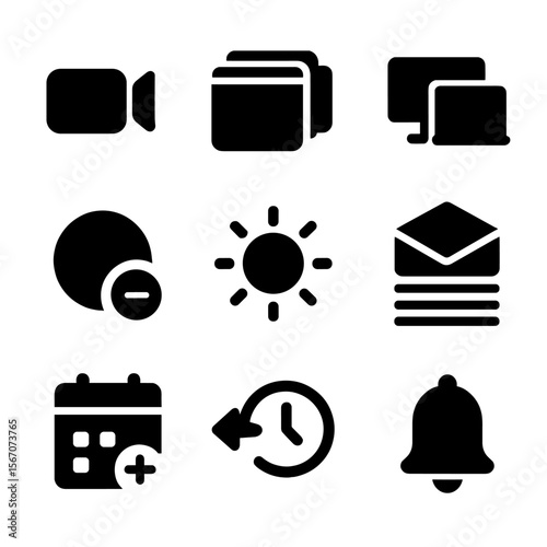 Digital Overload Icons. Solid, filled icon set of digital overcommitment: zoom icon, stacked tabs, multiple screens, status set to