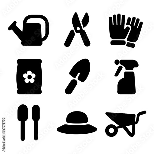 Flower Care Icons. Solid, filled icon set of flower care tools: watering can, pruning shears, garden gloves, fertilizer bag,