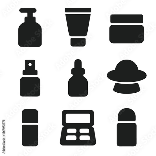 Cosmetic and TV Icons. Solid, filled icon set of cosmetic containers: pump bottle, squeeze tube, jar with lid, spray bottle,