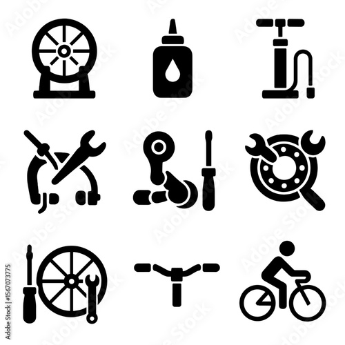 Bicycle Maintenance Icons. Solid, Filled icon set of mechanics’ bicycle tasks: wheel truing stand, chain lubrication bottle, tire