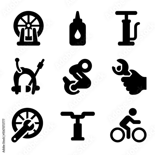 Bicycle Maintenance Icons. Solid, Filled icon set of mechanics’ bicycle tasks: wheel truing stand, chain lubrication bottle, tire