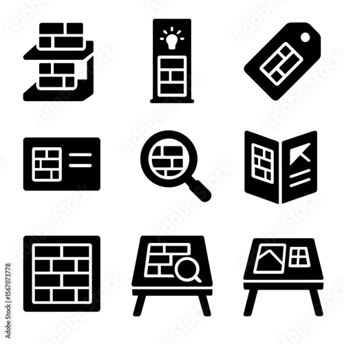 Cladding Showroom Icons. Solid, filled icons set of cladding showroom displays: sample shelf, product rack,