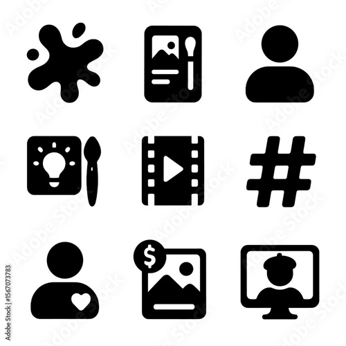 Influencer Art Icons. Solid, filled icons set of influencer art content: paint splash, creative feed, profile