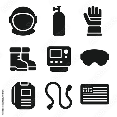 Space Gear Icons. Solid, filled icons set of space suits and gear: helmet, oxygen tank, thermal gloves, boots,