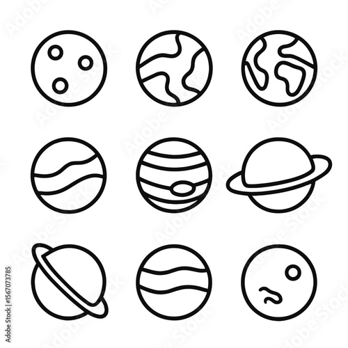 Solar System Icons. Outline icon set of solar system dashboard display: Mercury planet icon, Venus planet icon, Earth planet icon,