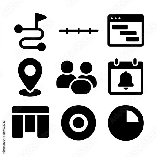 Project Planning Icons. Solid, filled icon set of project planning online: roadmap, project timeline, gantt chart, milestone,