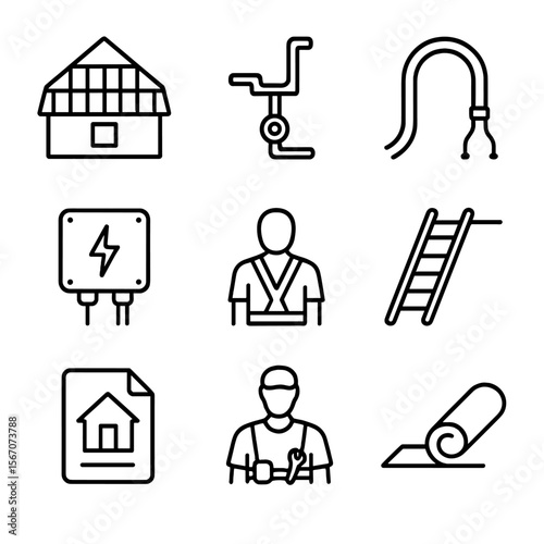 Solar Roof Installation Icons. Outline icon set of solar roof tile installation process: rooftop layout diagram, mounting bracket,