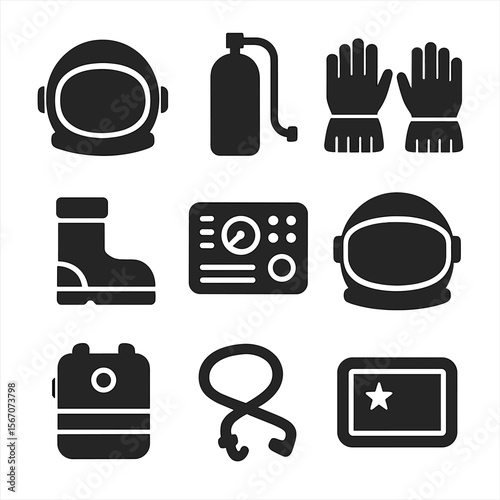 Space Gear Icons. Solid, filled icons set of space suits and gear: helmet, oxygen tank, thermal gloves, boots,