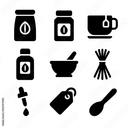 Dill Seed Uses Icons. Solid, filled icon set of dill seed uses: seed pouch, spice container, herbal tea, medicinal bottle, mortar