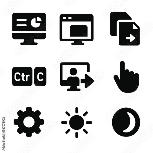 Digital Workspace Icons. Solid, filled icon set of digital workspace: dashboard, virtual desktop, file sharing, shortcut key,