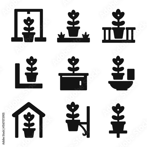 Flower Pot Icons. Solid, filled icon set of flower pot placement: windowsill, garden bed, balcony rail, patio corner, kitchen