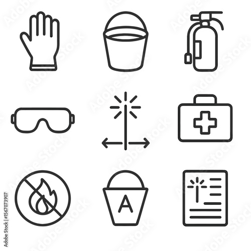 Sparkler Safety Icons. Outline icon set of sparkler safety measures: protective glove, bucket of water, fire extinguisher, safety