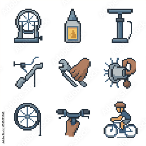 Bicycle Task Icons. Pixel art icon set of mechanics’ bicycle tasks: wheel truing stand, chain lubrication bottle, tire inflator,