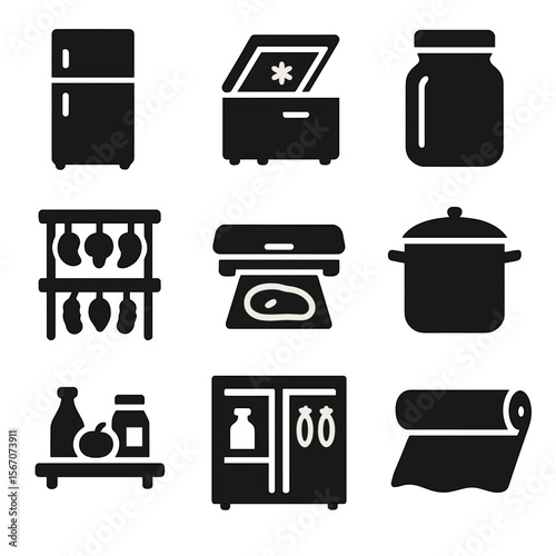 Food Storage Icons. Solid, filled icon set of food storage and preservation: refrigerator, freezer, mason jar, drying rack, vacuum