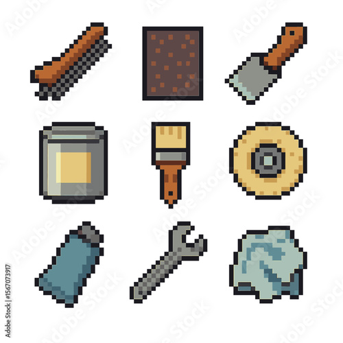 Bicycle Restoration Icon Set. Pixel art icon set of bicycle restoration tools: wire brush, sandpaper sheet, paint scraper, primer