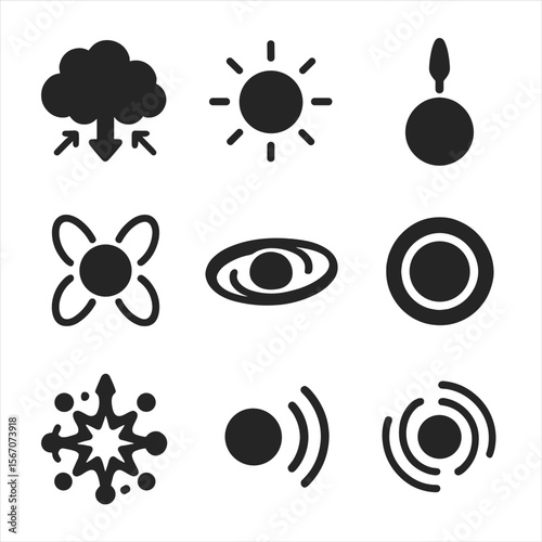 Star Formation Icons. Solid, filled icons set of star formation stages: collapsing cloud, core ignition,