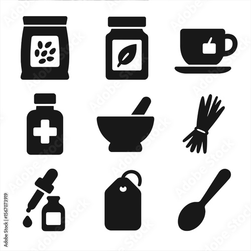 Dill Seed Uses Icons. Solid, filled icon set of dill seed uses: seed pouch, spice container, herbal tea, medicinal bottle, mortar
