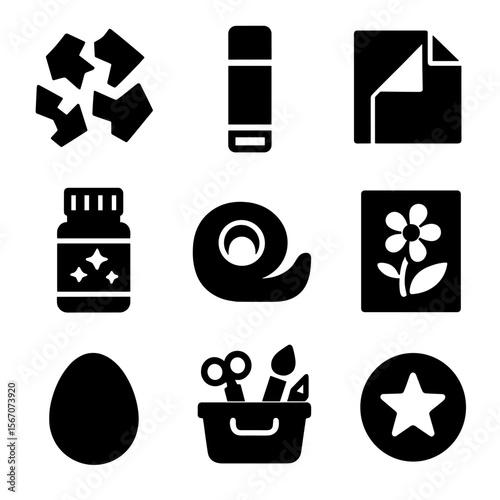 Classroom Arts Icons. Solid, filled icons set of classroom arts and crafts time: paper scraps, glue stick,