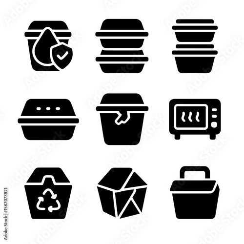 Food Packaging Icon Set. Solid, filled icon set of packaging features for food delivery: leakproof seal, insulation layer,