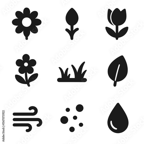 Spring Nature Icons. Solid, filled icons set of spring nature elements: daisy bloom, tree bud, tulip icon,