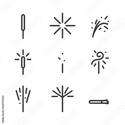Sparkler Icon Set. Outline icon set of sparkler shapes and effects: sparkler stick, spark burst, spark trail arc, glowing tip,