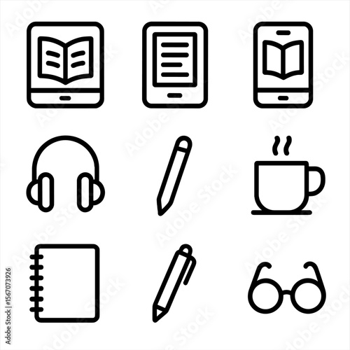 Digital Reading Essentials. Solid, filled icon set of digital reading: open book on tablet, e-reader, smartphone, headphones,