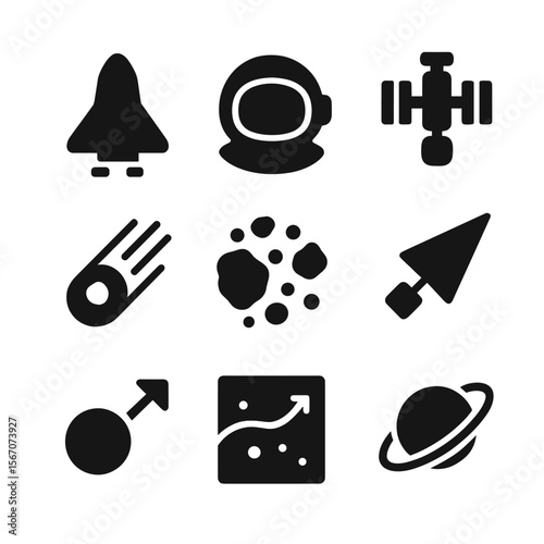 Cosmic Travel Icons. Solid, filled icon set of cosmic travel: spacecraft, astronaut helmet, space station, comet flyby, asteroid